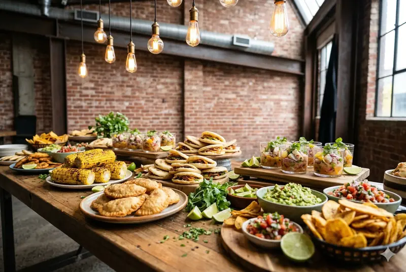 A long table of grilled corn, empanadas, filled pitas, guacamole, salsa and chips under hanging lights